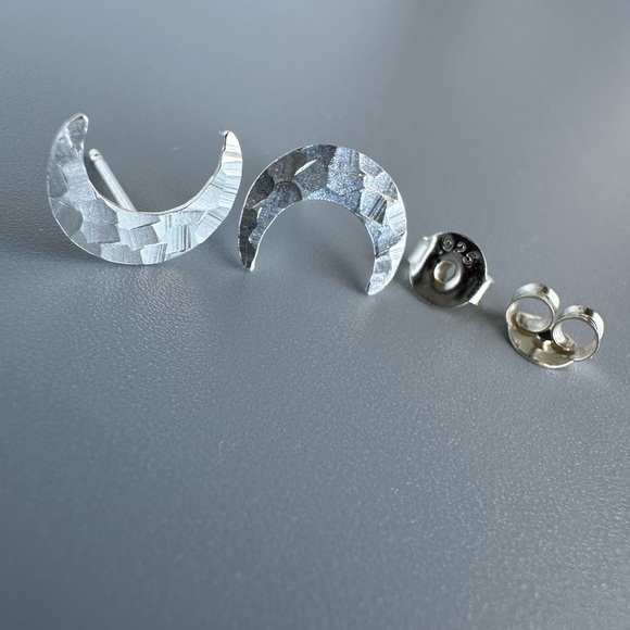 Sterling Silver Dainty Moon Stud Earrings - Picture 3 of 5